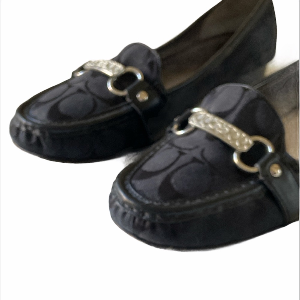 Coach Black Monogram Silver Buckle Loafers